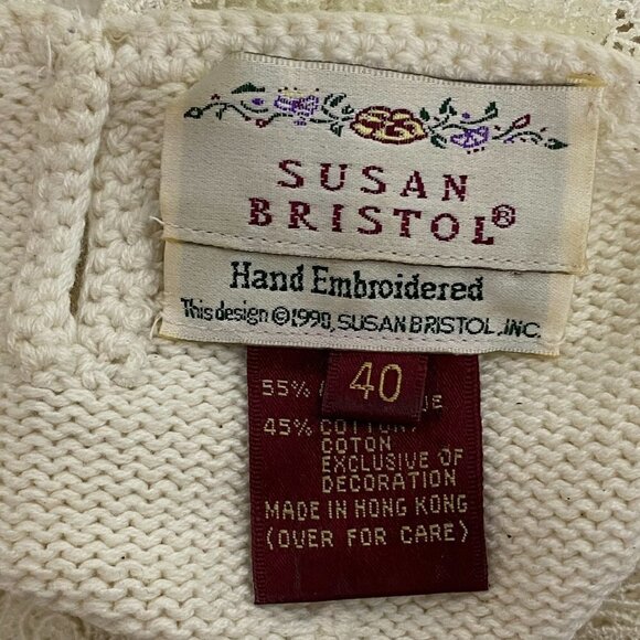 VINTAGE Susan Bristol Short Sleeve Lace Collar Hand Embroidered Sweater - Picture 4 of 8